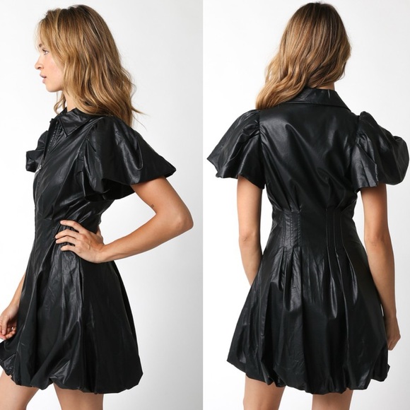 *BLACK FRIDAY SALE* Icon Black Faux Leather Bubble Hem Mini Dress - Picture 3 of 5